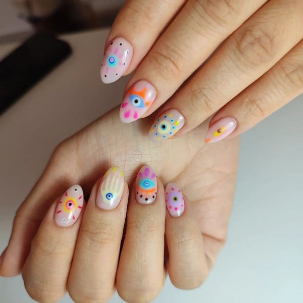 Short Almond Nails Colorful Evil Eye Designs Short Almond Nails Colorful Evil Eye Designs — Evil Eye Nails