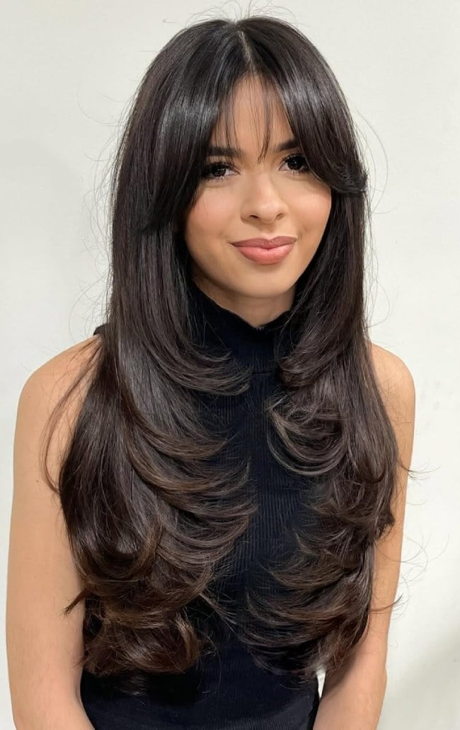Mid-Back Dark Brown With Long Layers, Close-Up Take — Face Framing Bangs