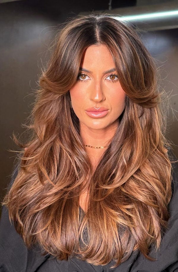 Rich Brown Mid-Back Cut With Warm Balayage — Face Framing Bangs