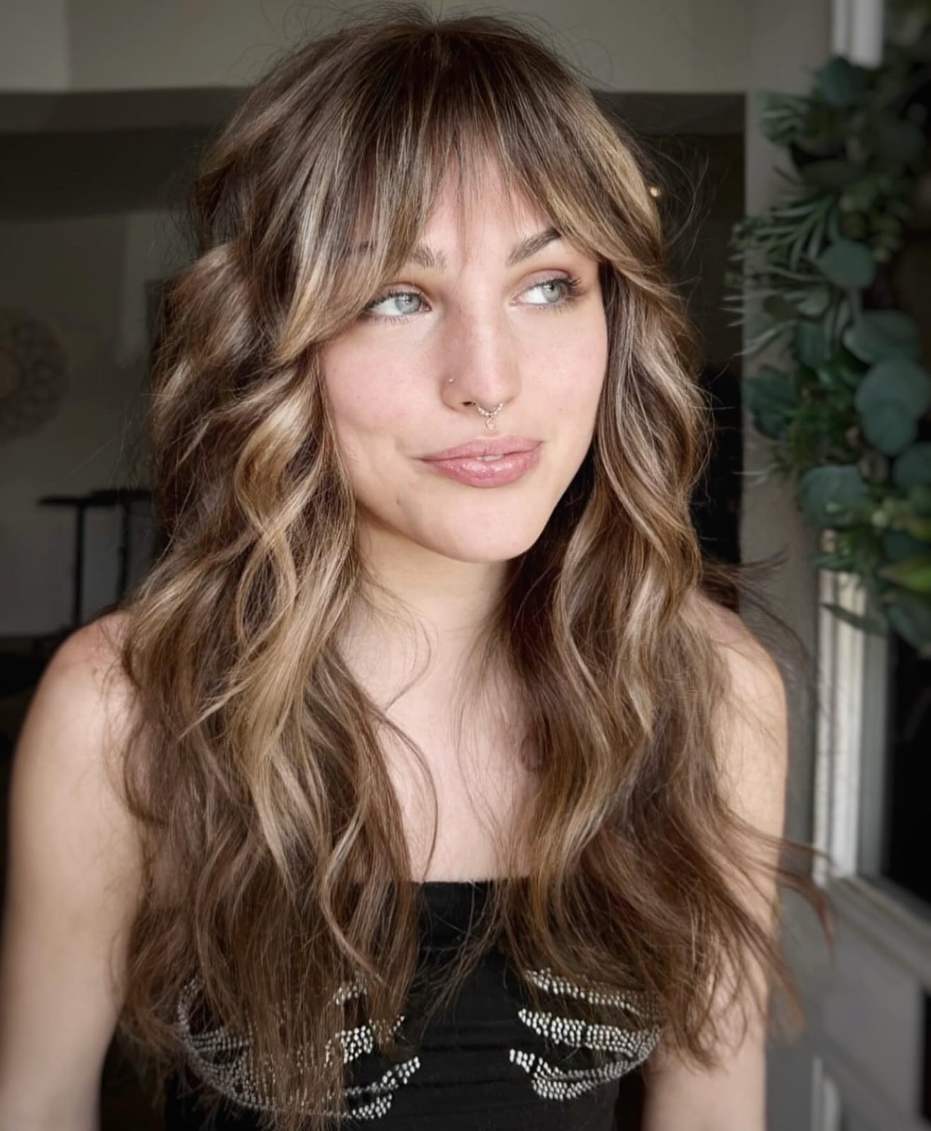 Dark Brown Mid-Back With Blonde Highlights — Face Framing Bangs