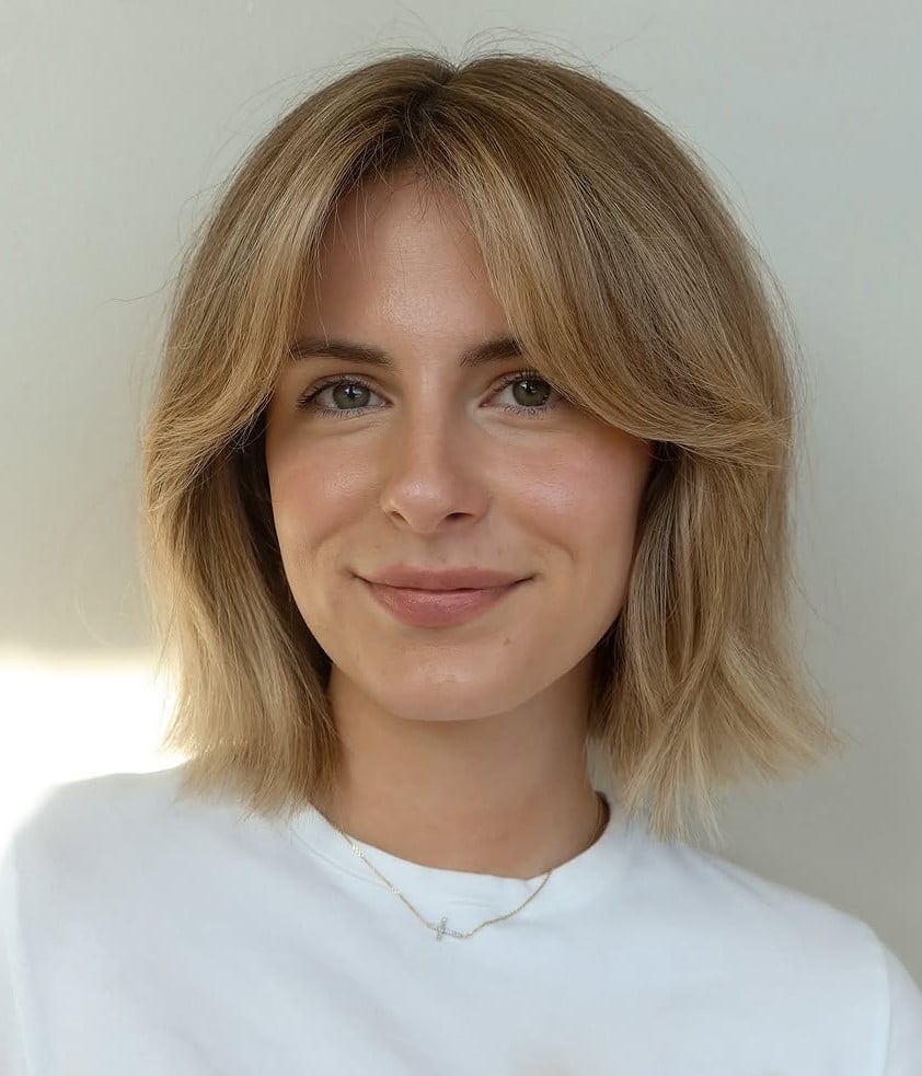 Light Blonde Chin Bob With Outward Sweeping Bangs — Face Framing Bangs