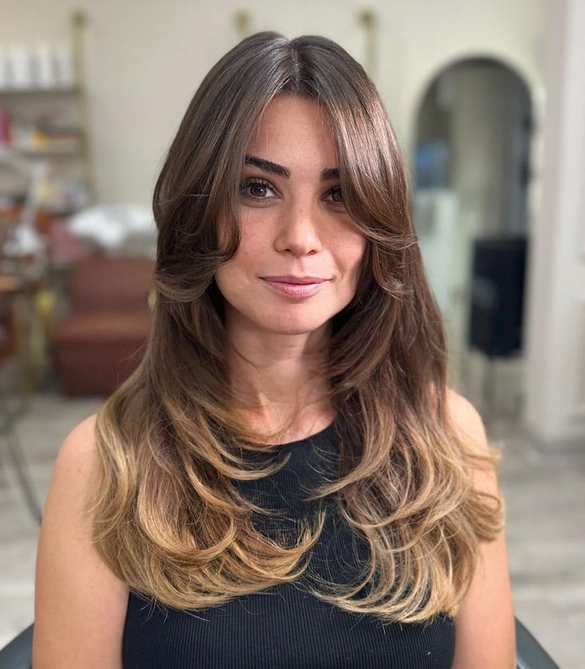 Dark Brown Mid-Back Shag With Balayage — Face Framing Bangs