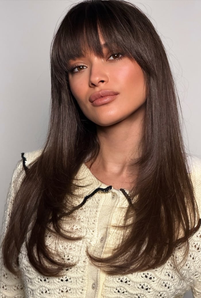 Long Deep Mocha Brown With Soft Full Fringe — Face Framing Bangs