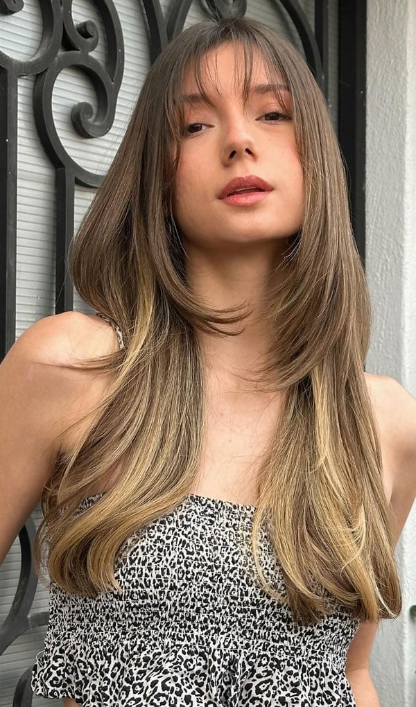 Long Light Brown With Blonde Highlights — Face Framing Bangs