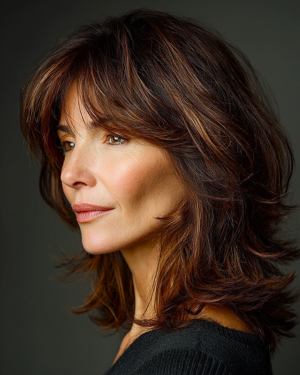 Shoulder Length Dark Brown With Side Swept Bangs — Face Framing Bangs