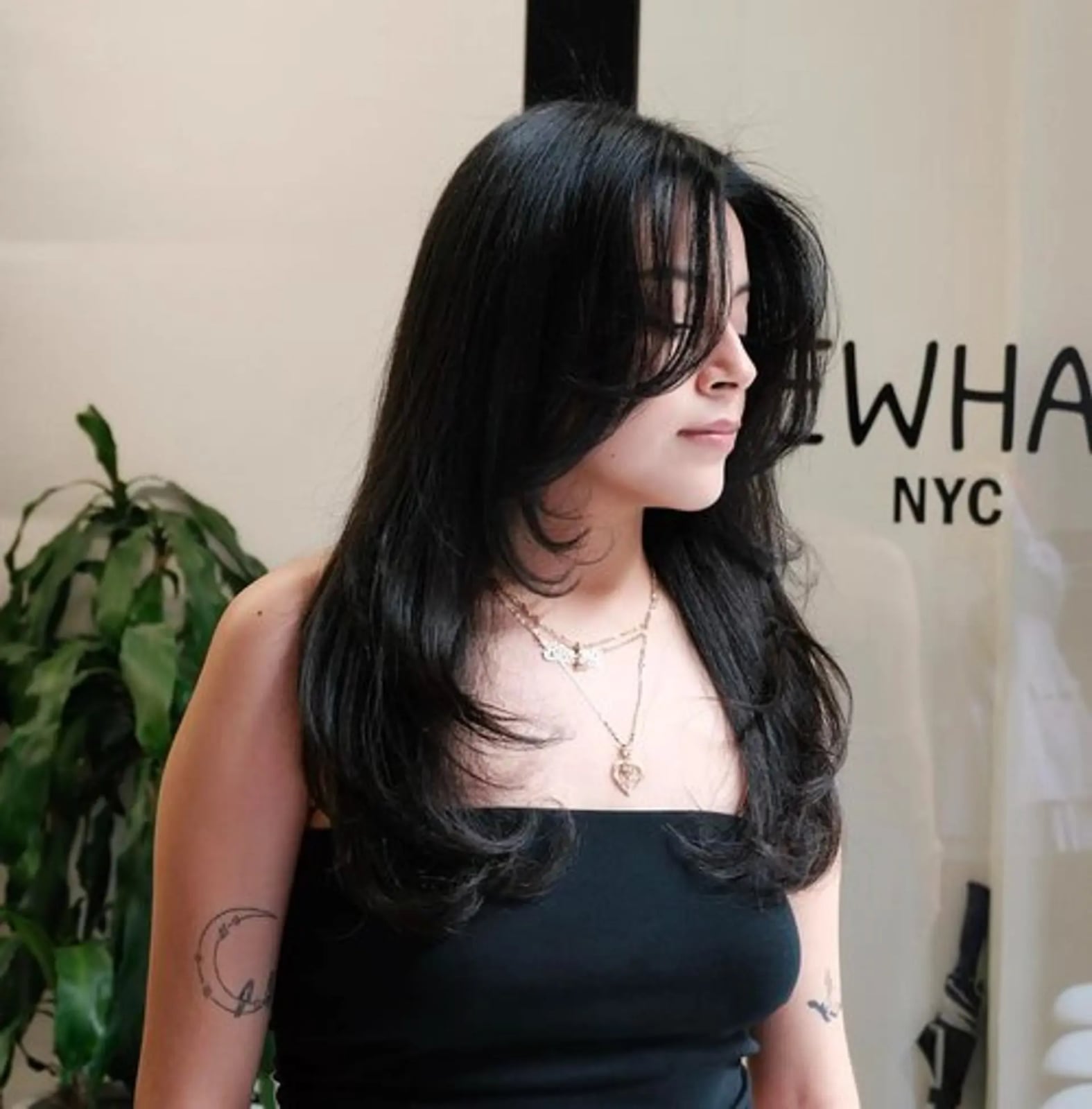 Long Black Hair With Sweeping Curtain Bangs — Face Framing Bangs