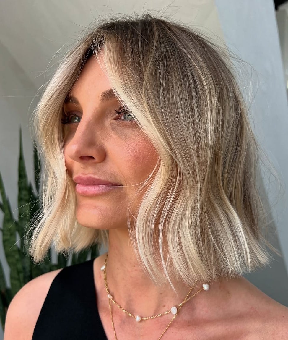 Chin Length Bob With Short Bangs, Wavy — Face Framing Highlights