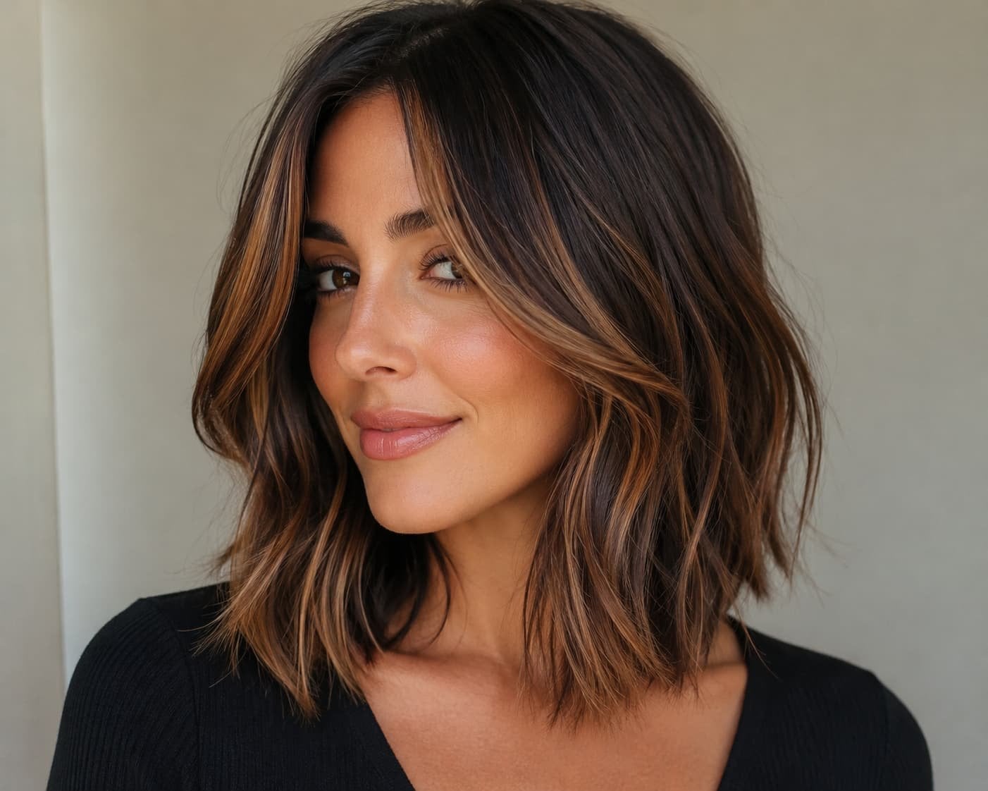 Layered Lob With Caramel Face Framing — Face Framing Highlights