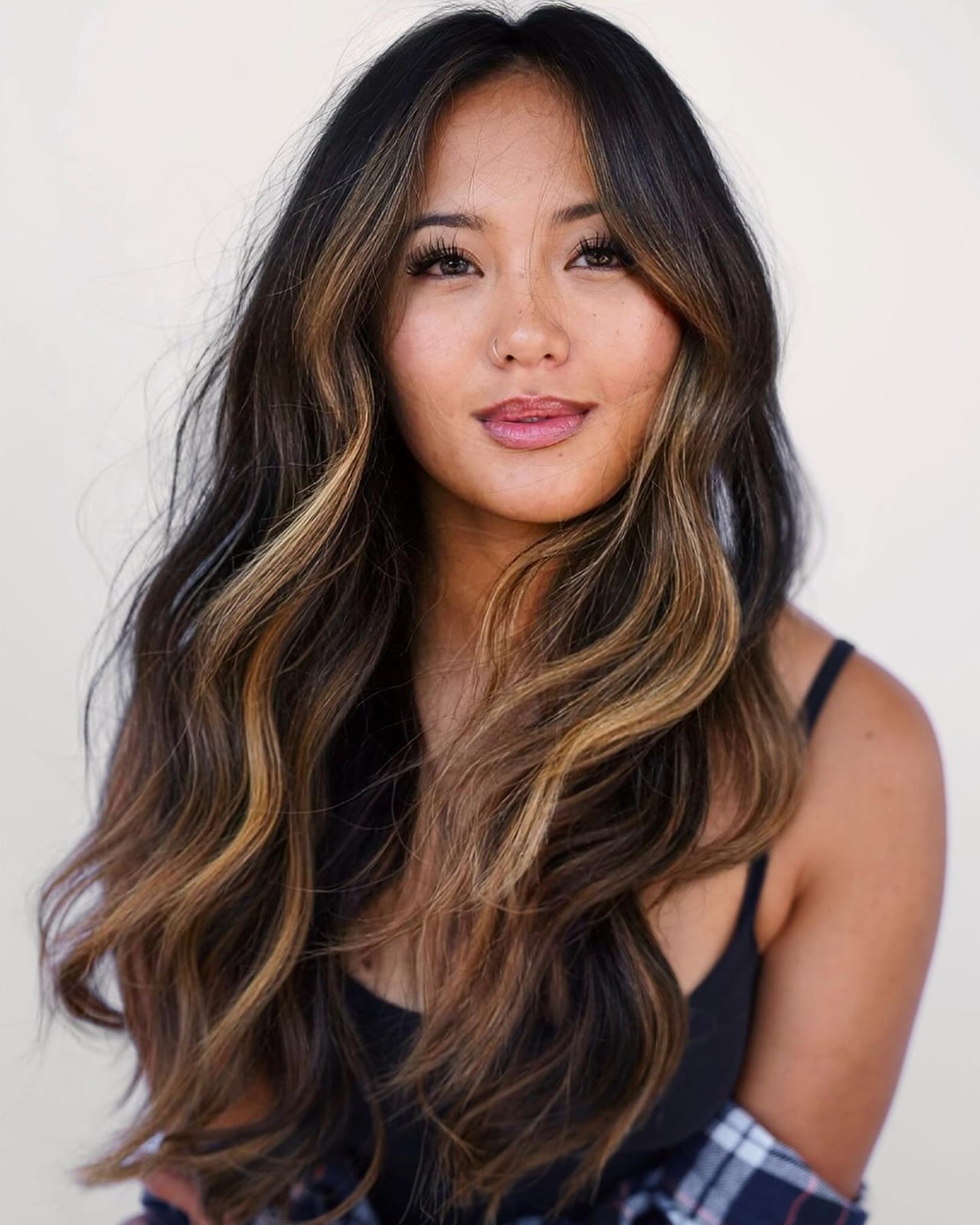 Dark Brown Balayage With Curtain Bangs — Face Framing Highlights