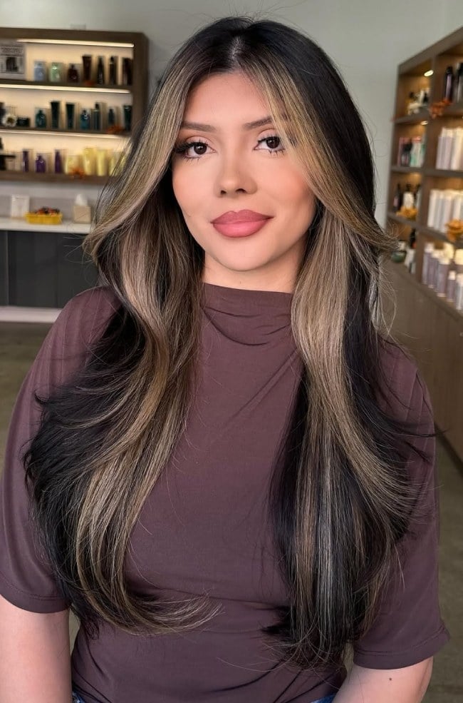Dark Brown With Beige Money Piece — Face Framing Highlights