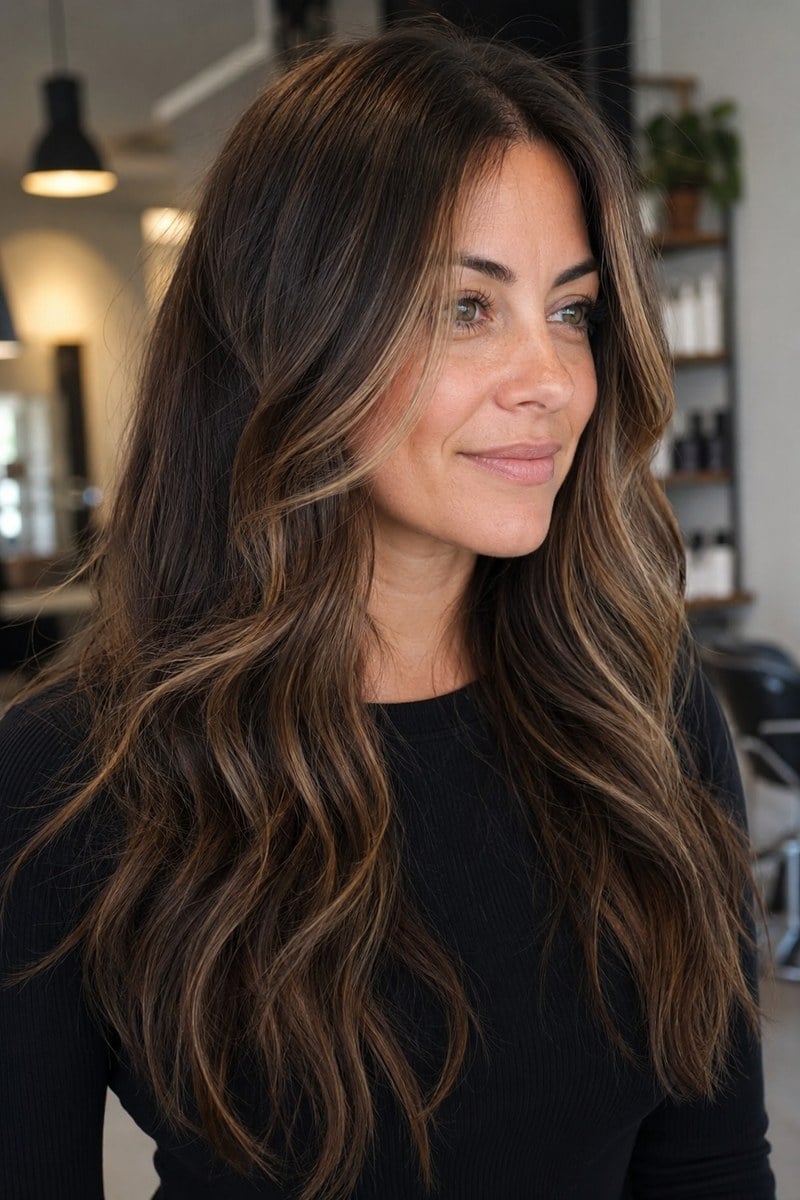 Dark Brown With Mocha Money Piece, Mid-Back — Face Framing Highlights