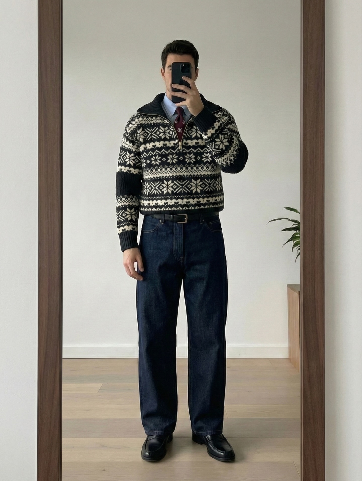 Fair Isle Knit Layered Over Button-Down With Dark Wash Denim