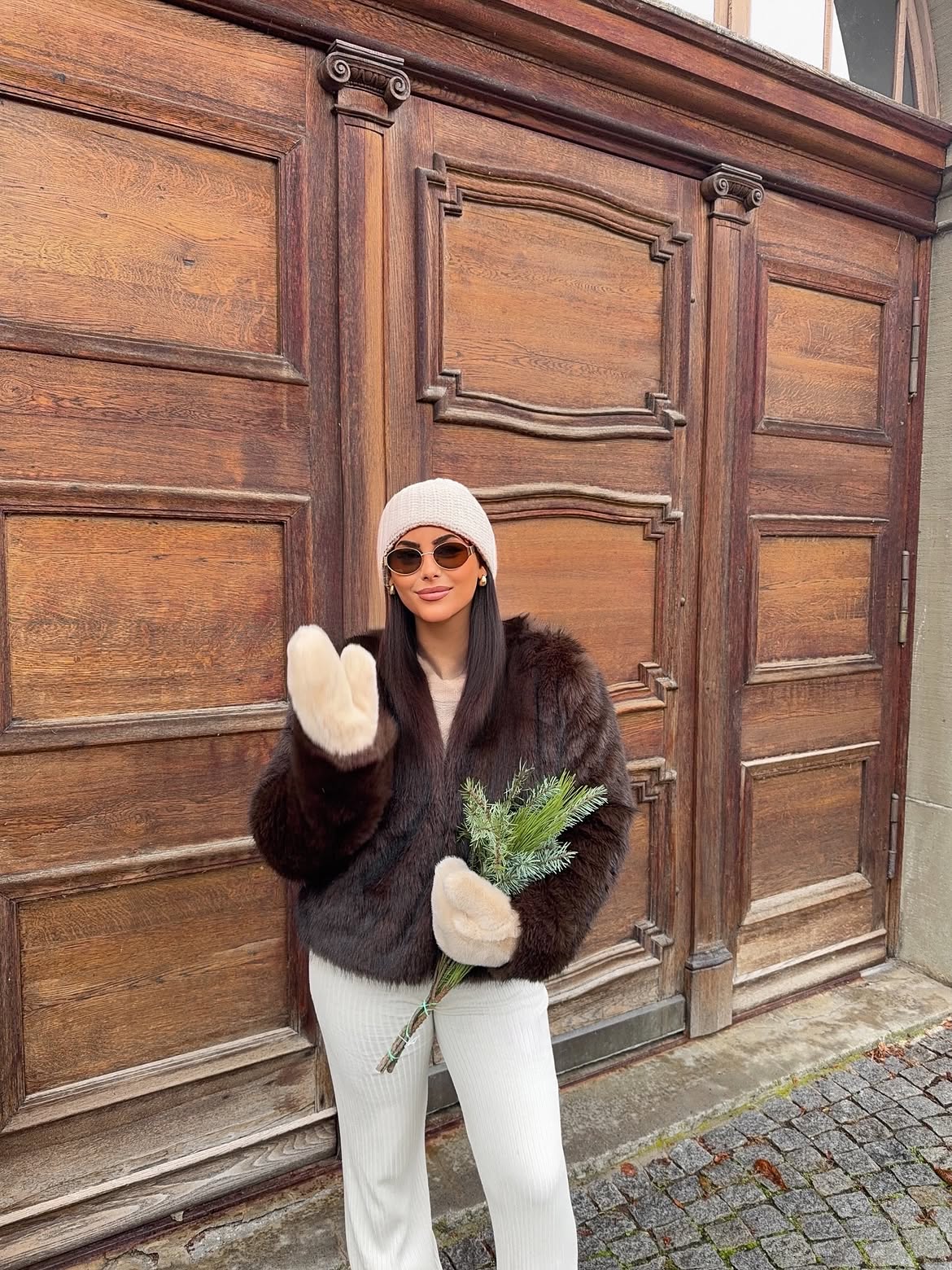 Faux Fur Coat And Knit Beanie Winter Outfit