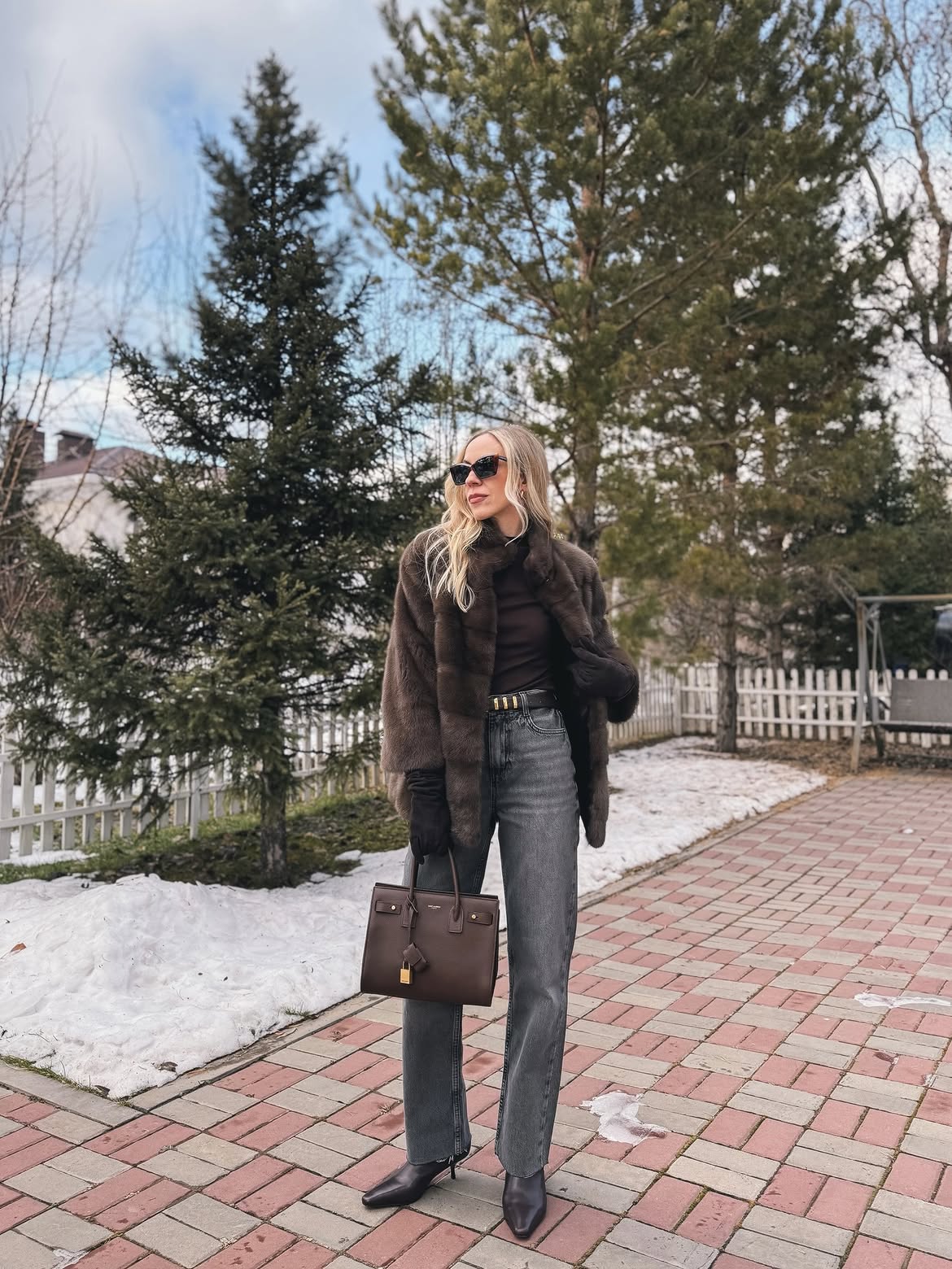 Faux Fur Coat With Dark Wash Denim And Leather Boots