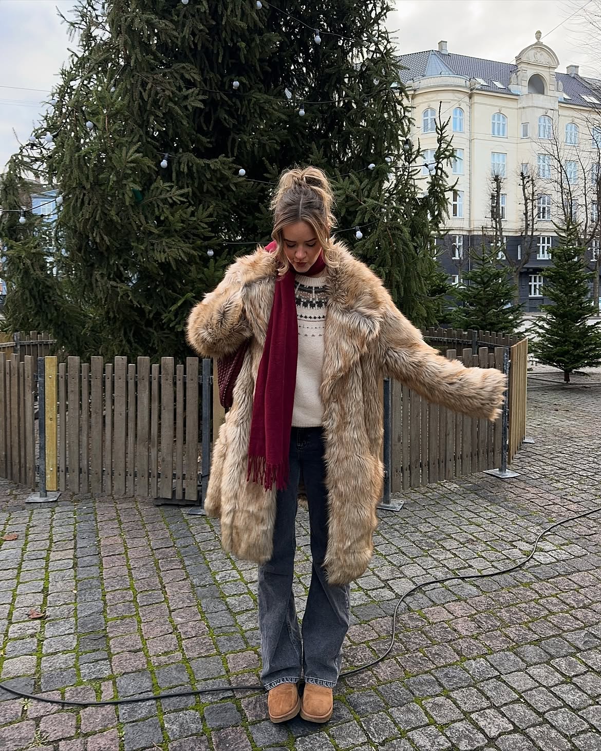 Faux Fur Coat With Fair Isle Sweater And Uggs