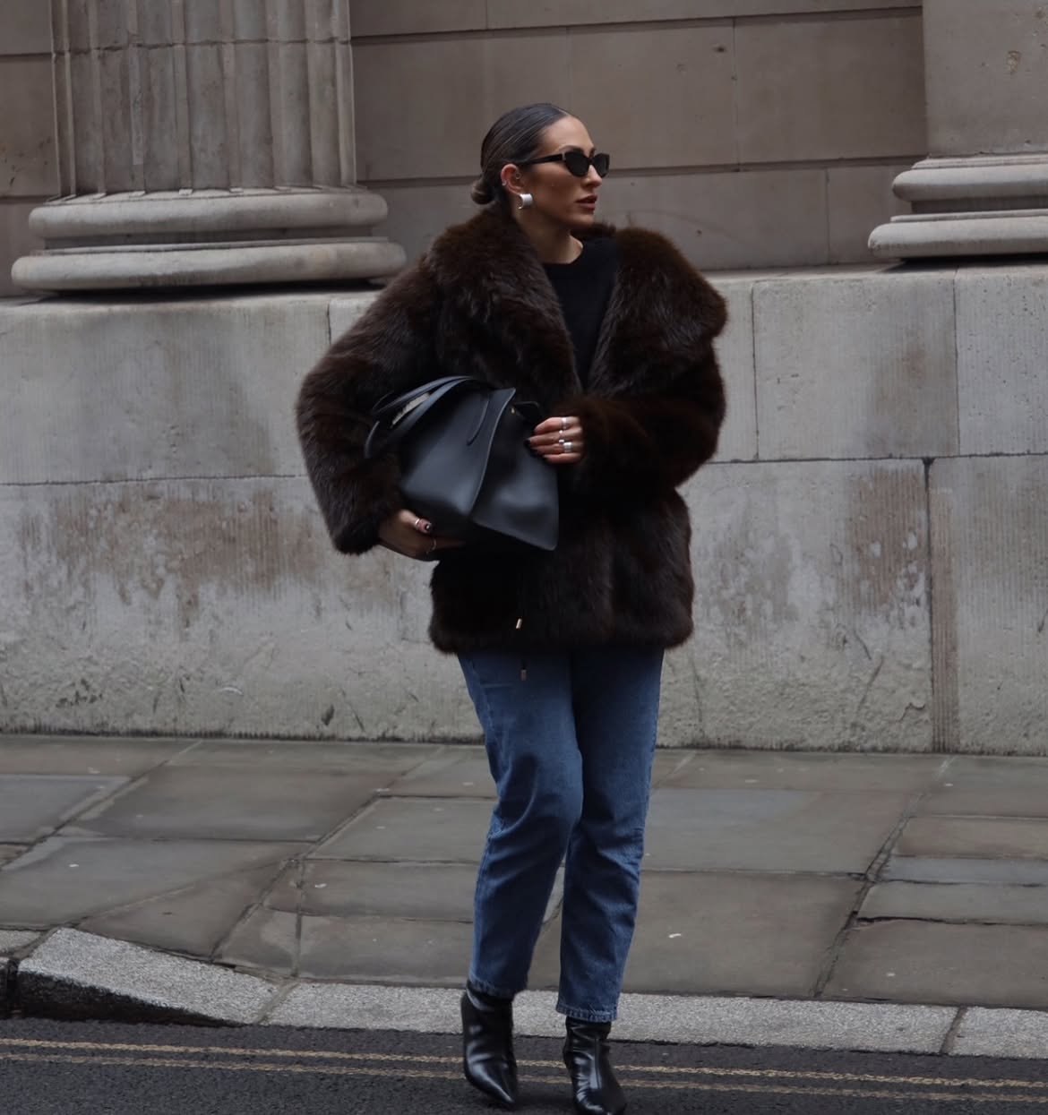 Faux Fur Coat With Straight Leg Jeans And Boots