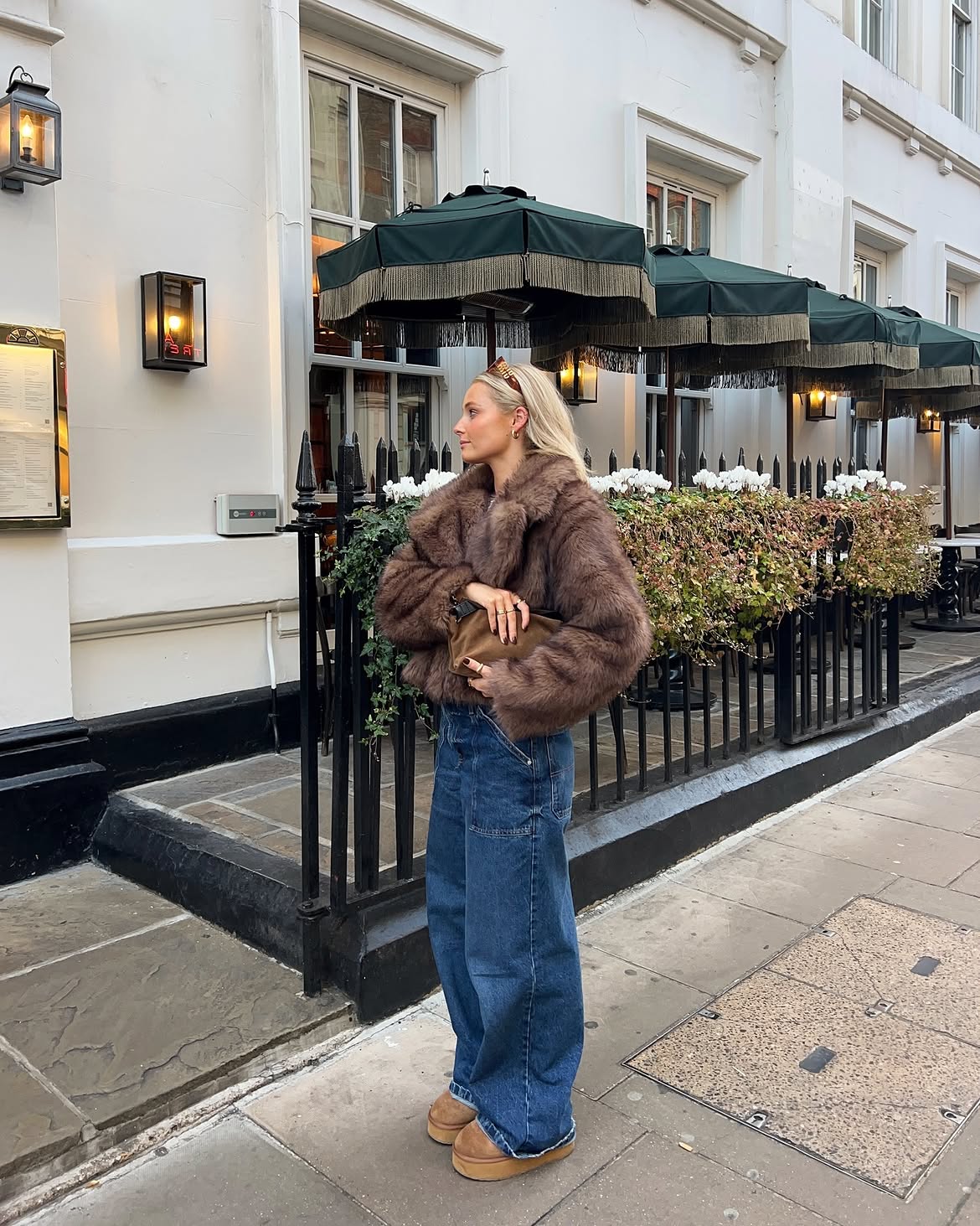 Faux Fur Coat With Wide Leg Jeans And Platform Slides