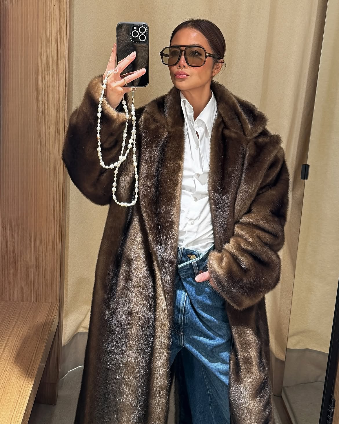 Faux Fur Maxi Coat With Classic Denim