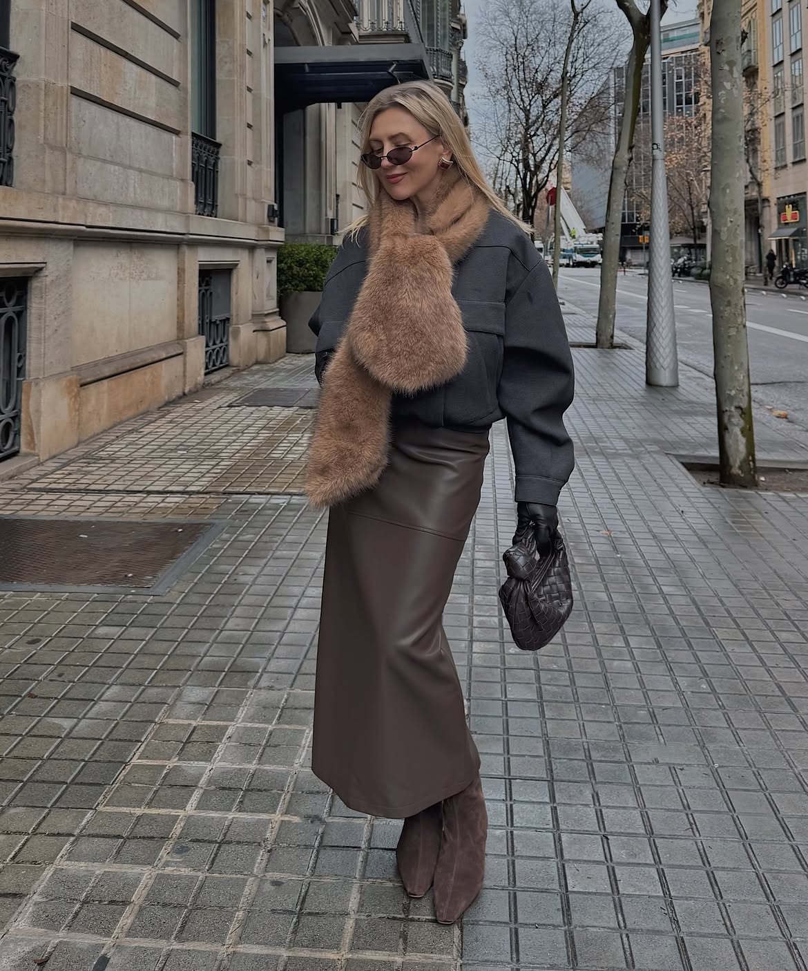 Faux Fur Scarf With Leather Skirt And Ankle Boots
