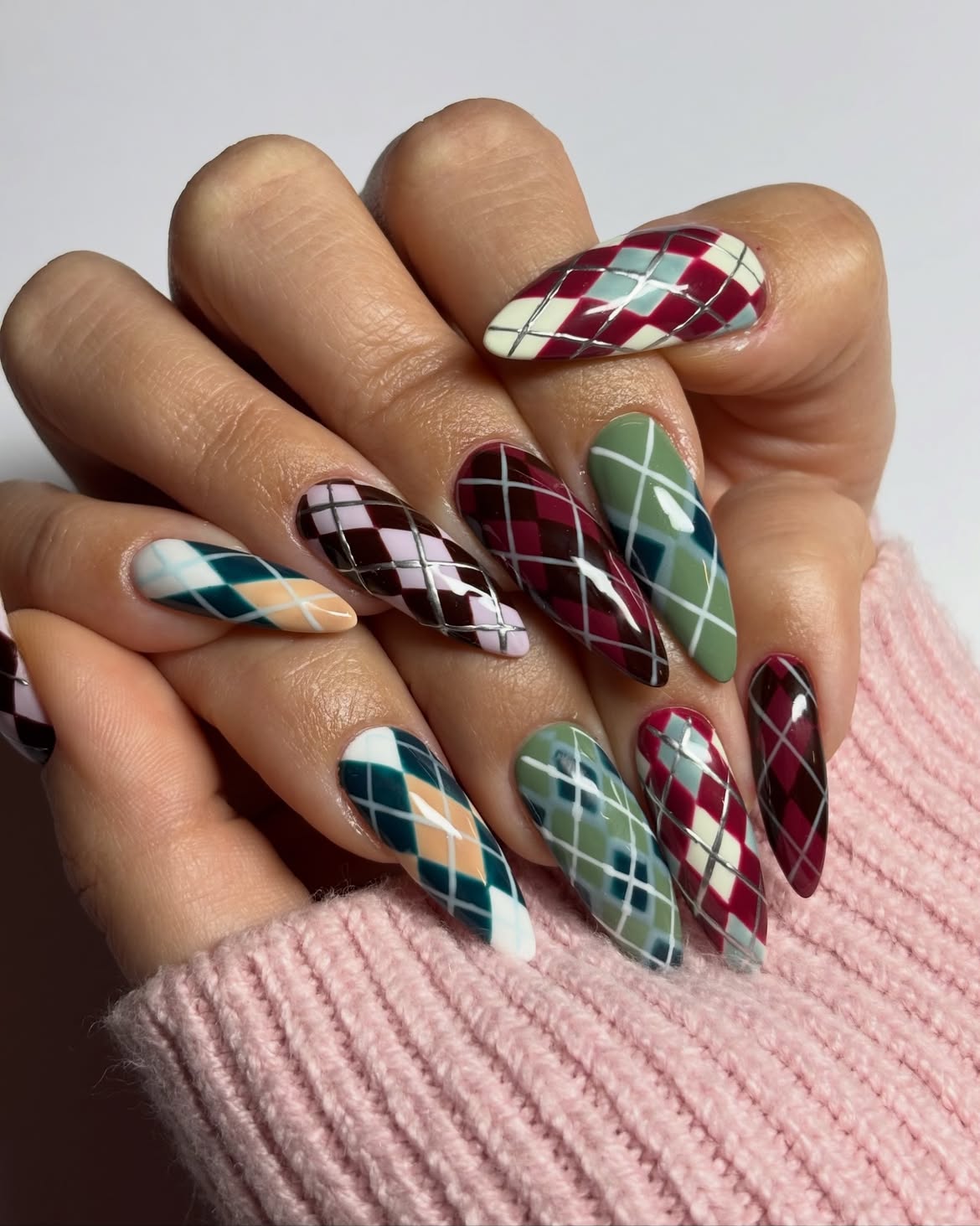 Festive Argyle Pattern Almond Christmas Nails