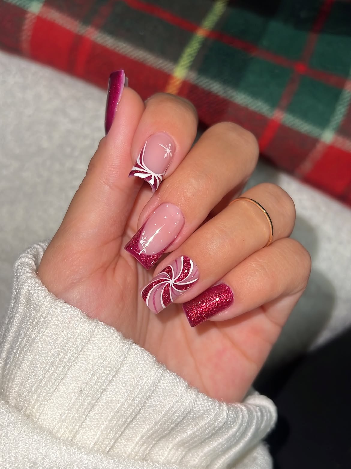 Festive Berry Red Swirl And Snowflake Square Nails