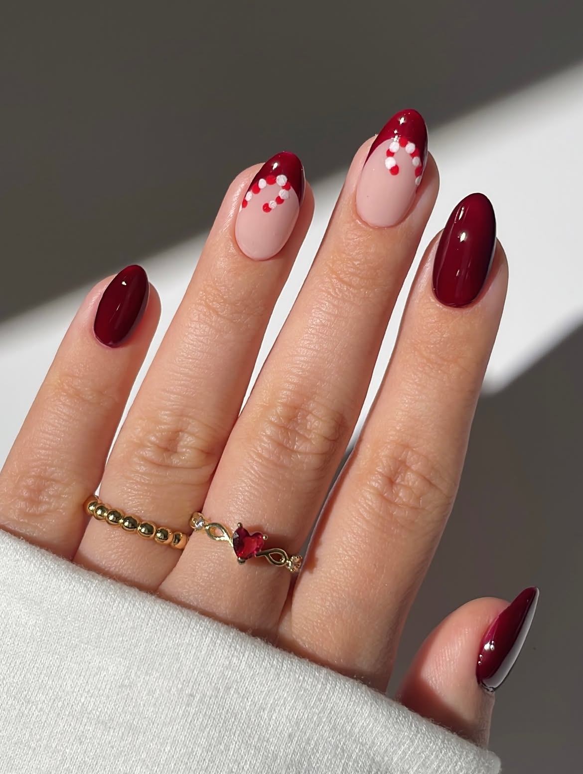Festive Burgundy Almond Candy Cane French Tips