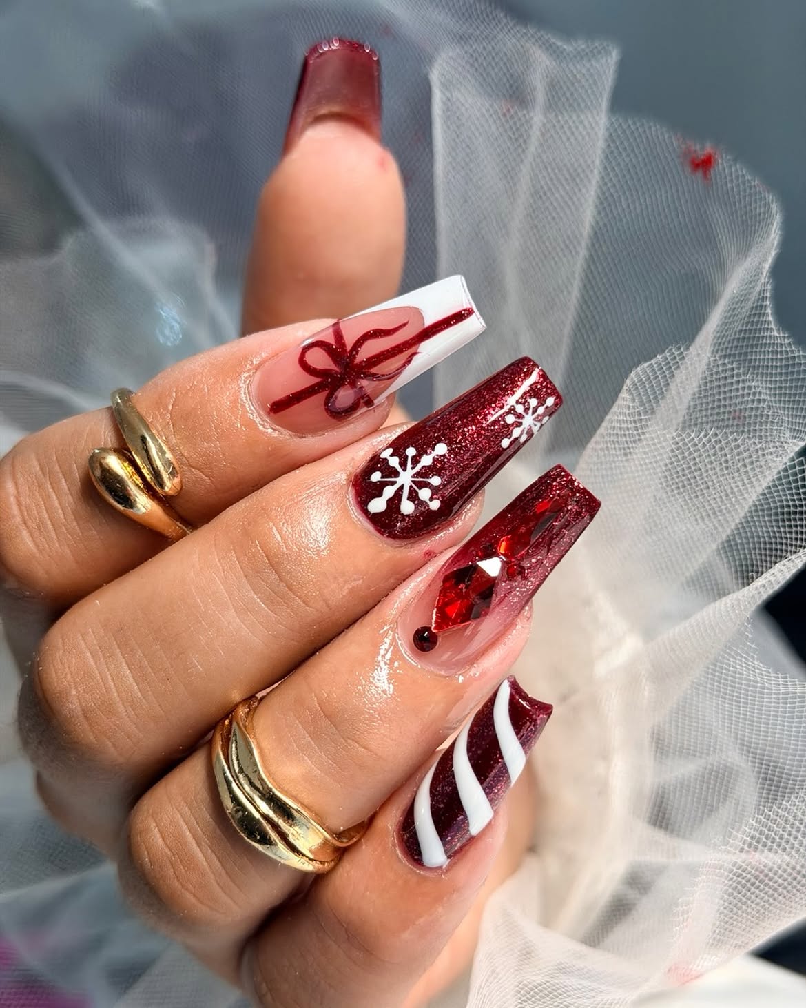 Festive Burgundy Snowflake And Gift Box Coffin Nails