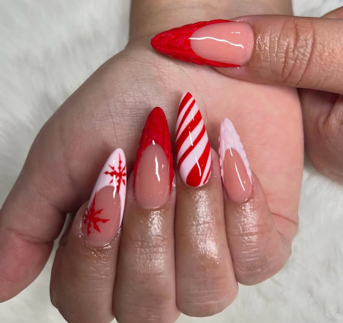 Festive Candy Cane Snowflake Almond French Tips
