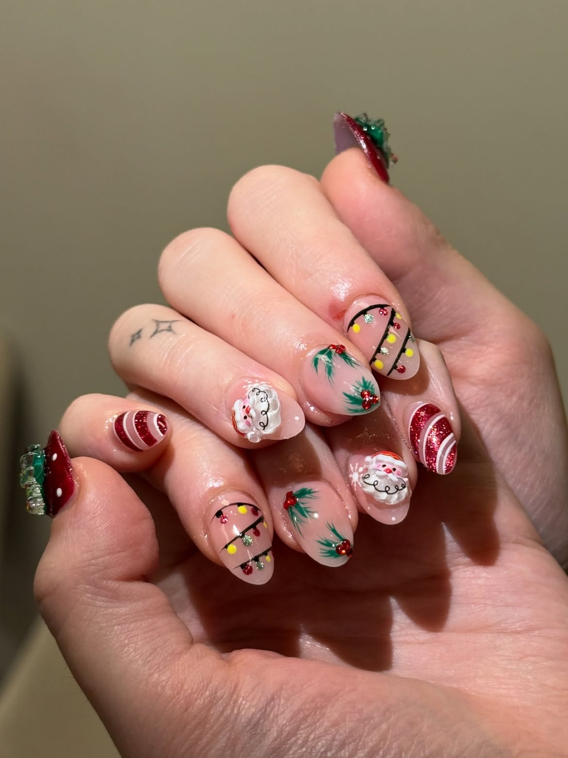 Festive Christmas Character and Lights Nail Art