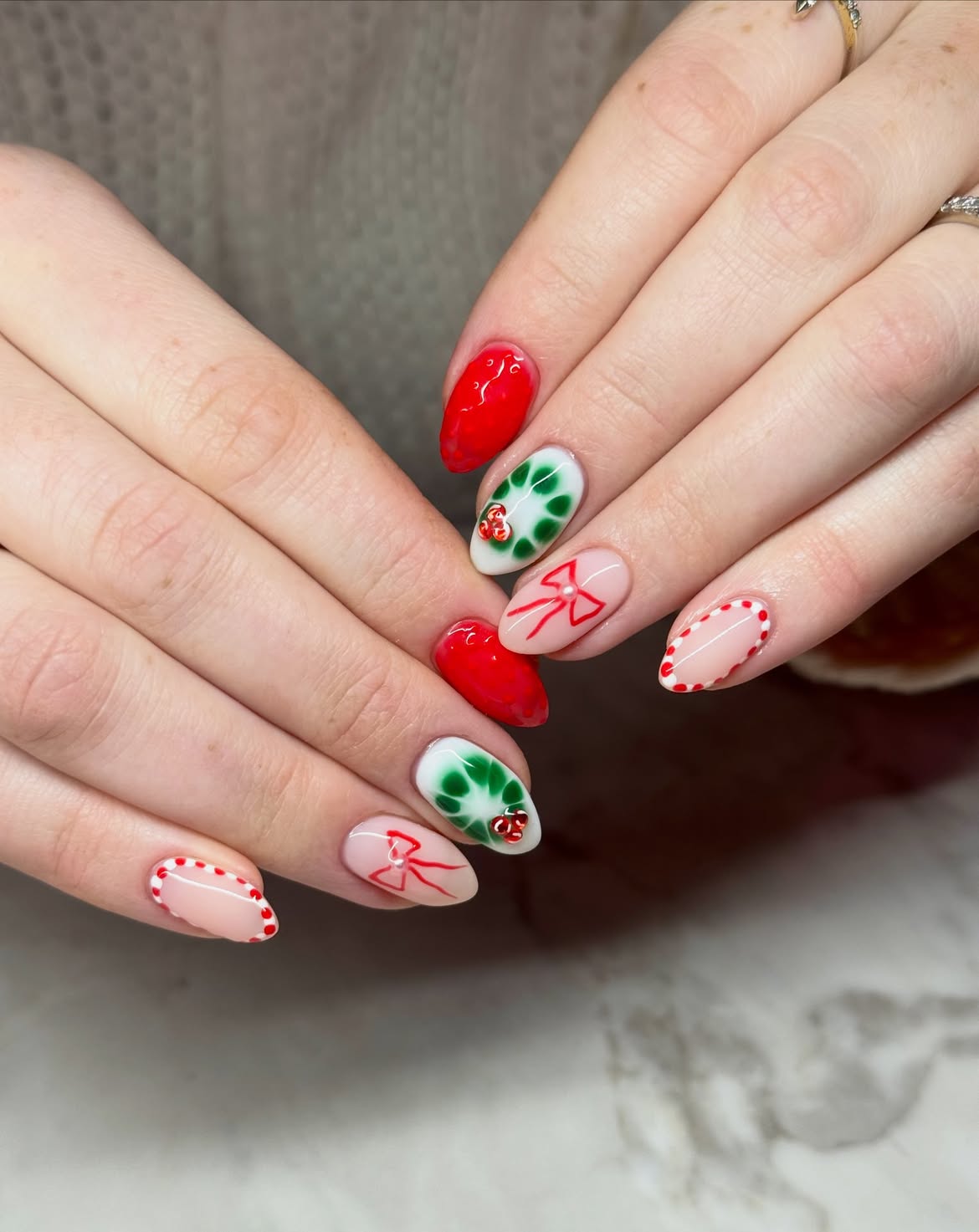 Festive Christmas Gift Bow French Tip Nails
