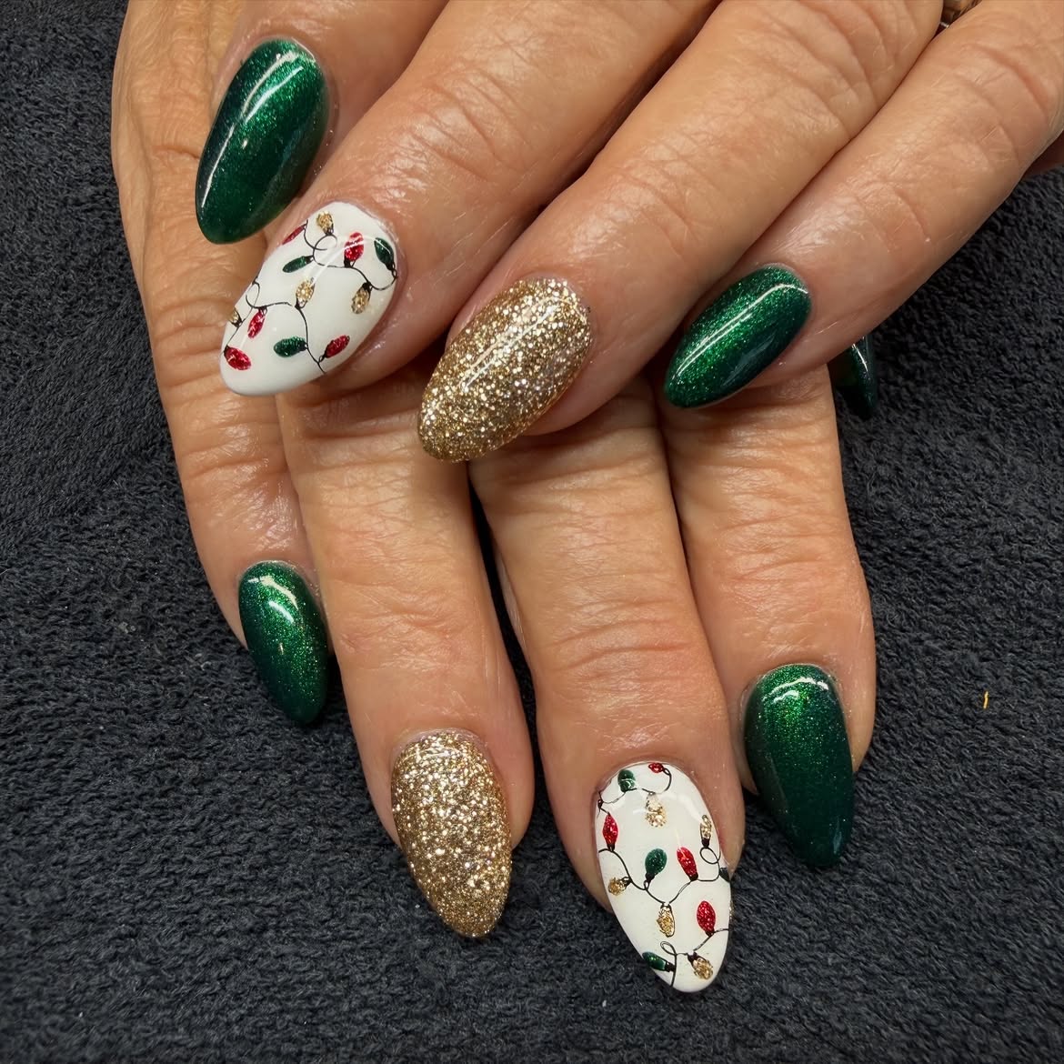 Festive Christmas Light Bulb Almond Nails