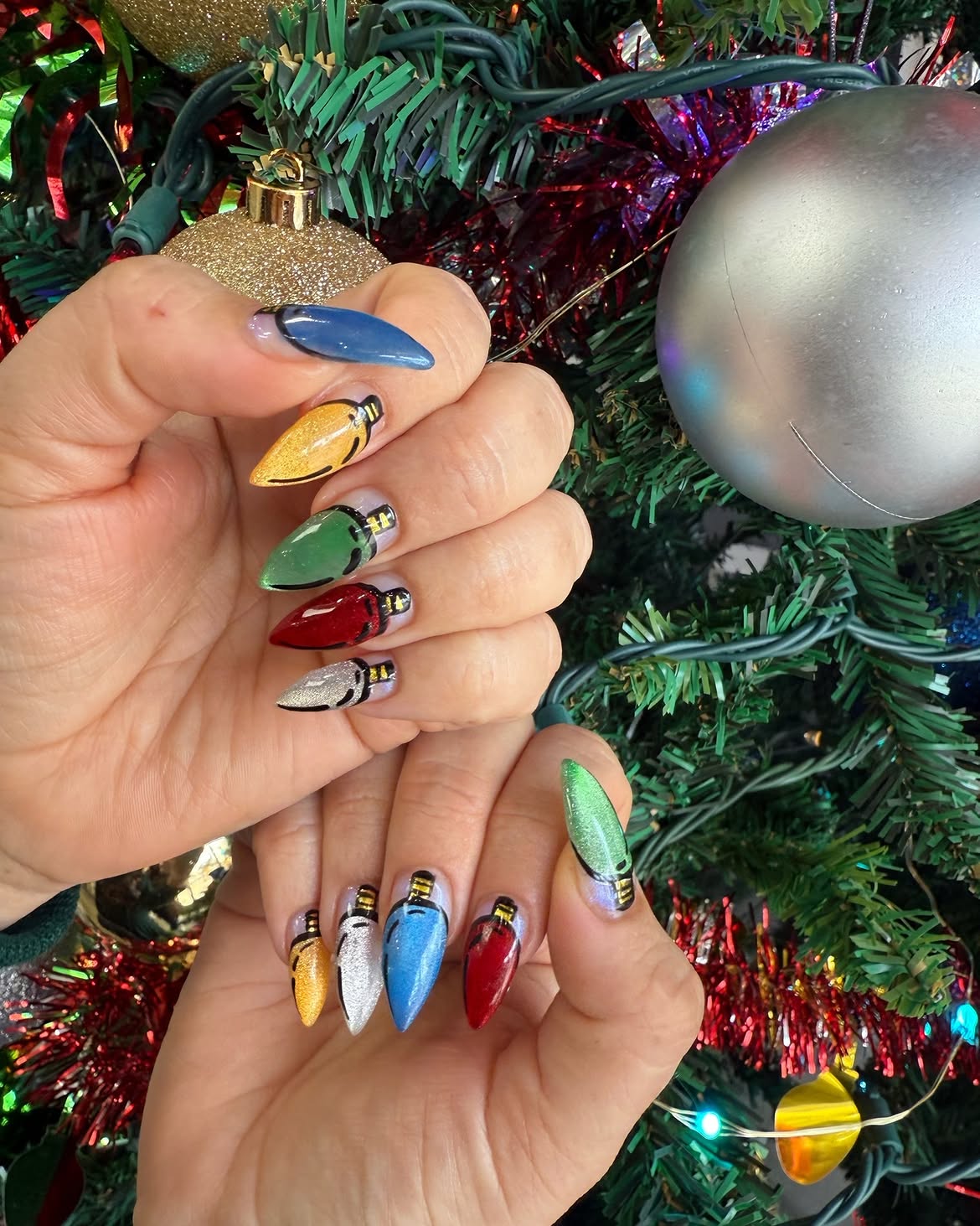 Festive Christmas Light Bulb Almond Nails