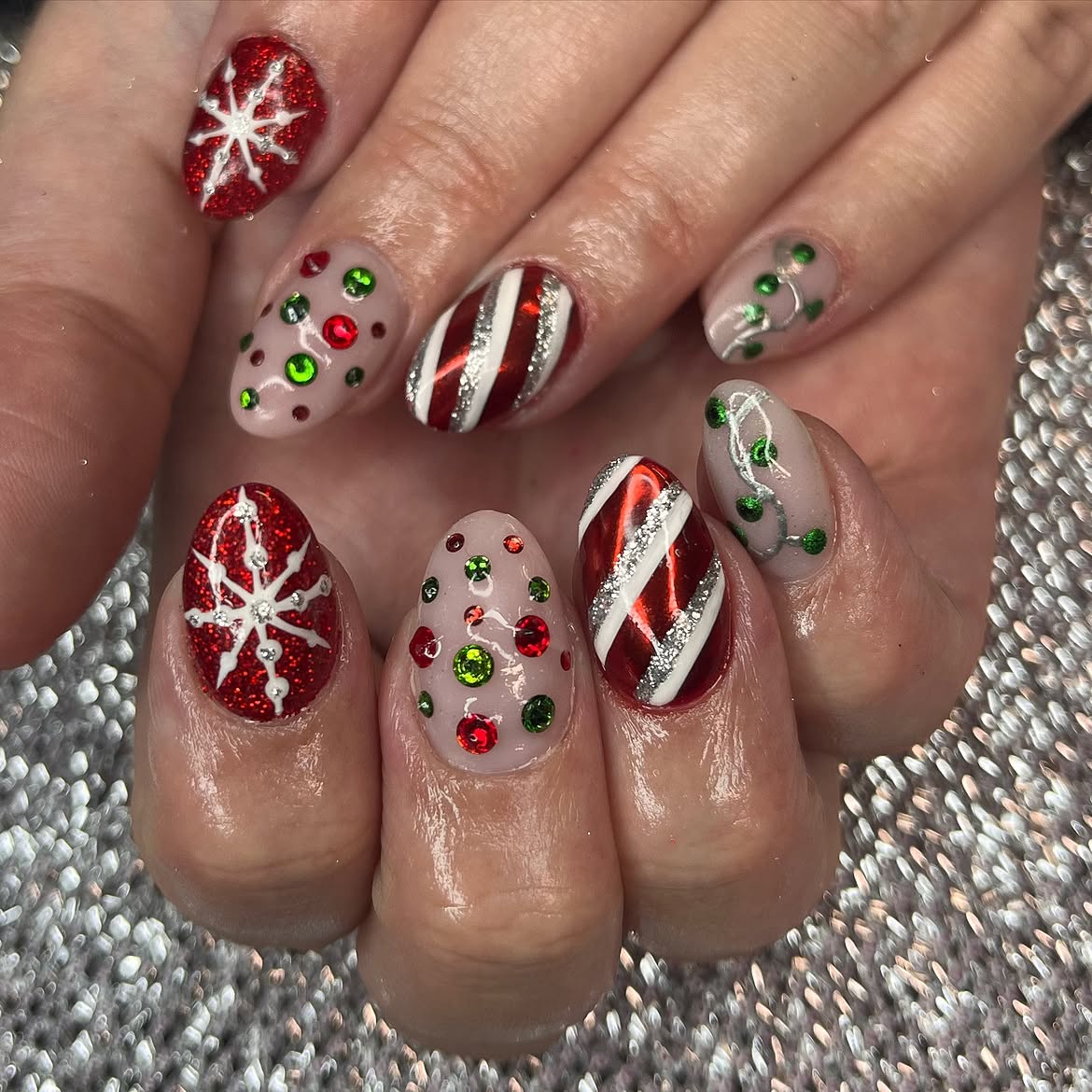 Festive Christmas Lights Almond Nails