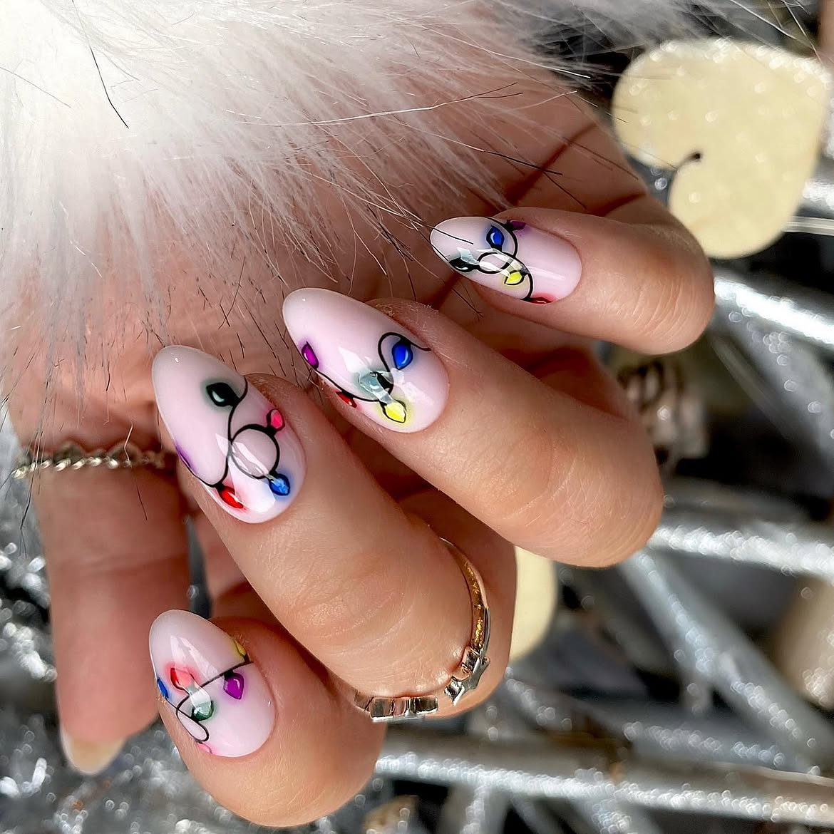 Festive Christmas Lights Almond Nails