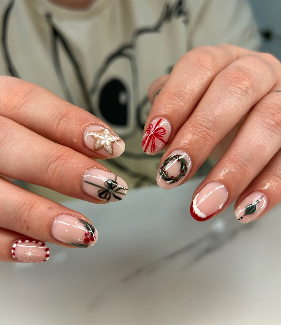 Festive Christmas Nail Art with Gingerbread & Wreaths