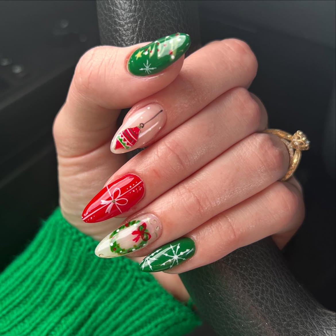 Festive Christmas Ornament Almond Nails
