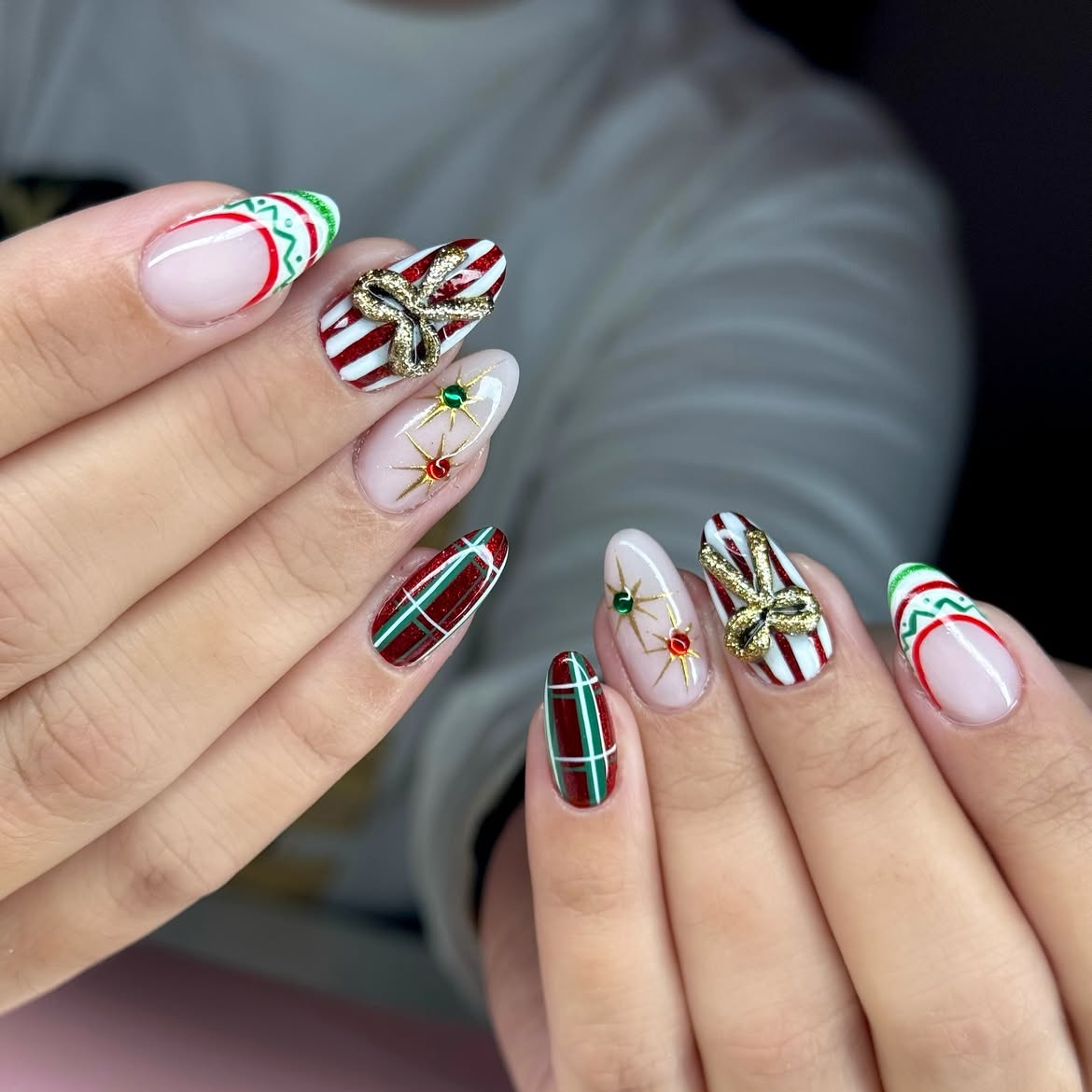 Festive Christmas Plaid and Bow Almond Nails