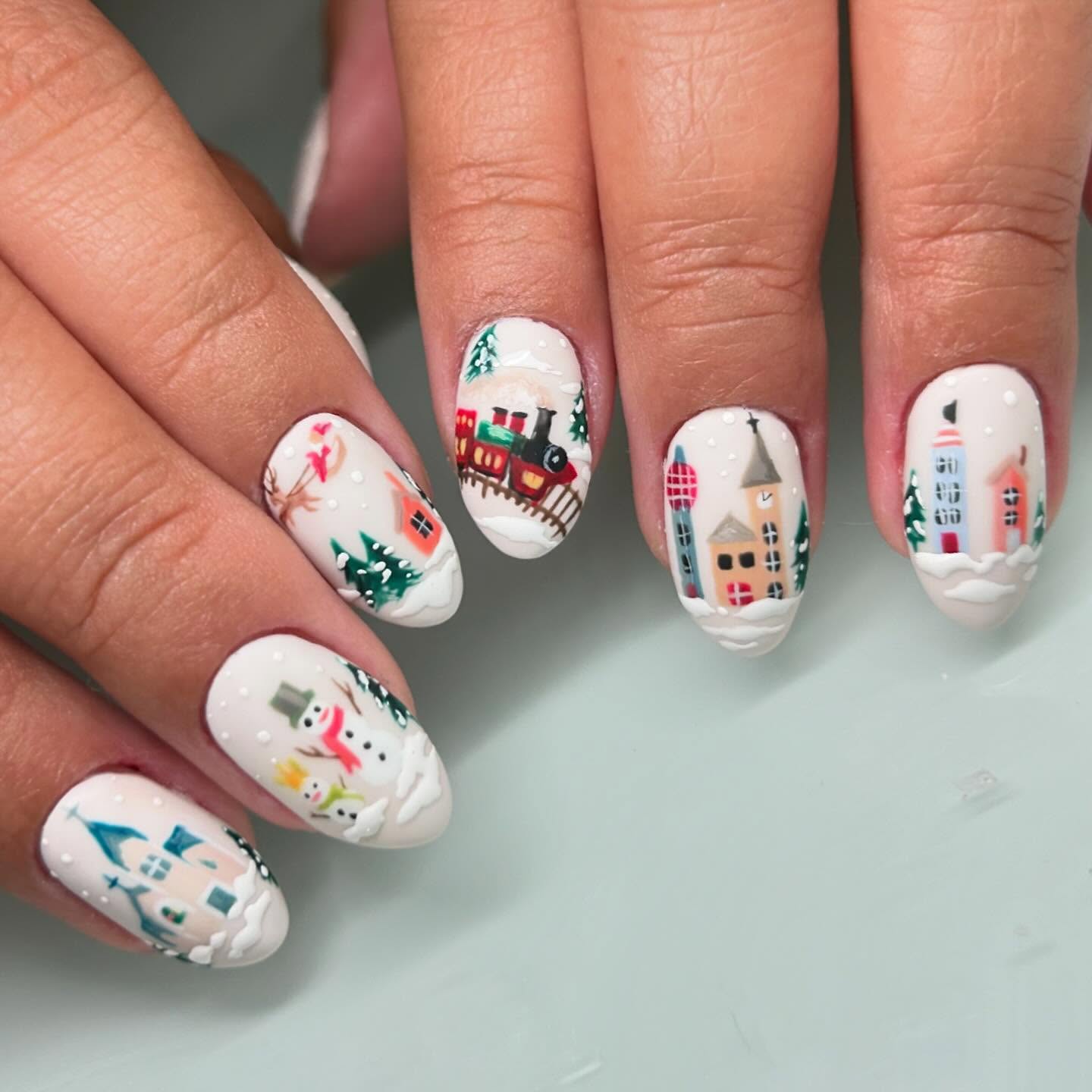 Festive Christmas Village Oval Nails