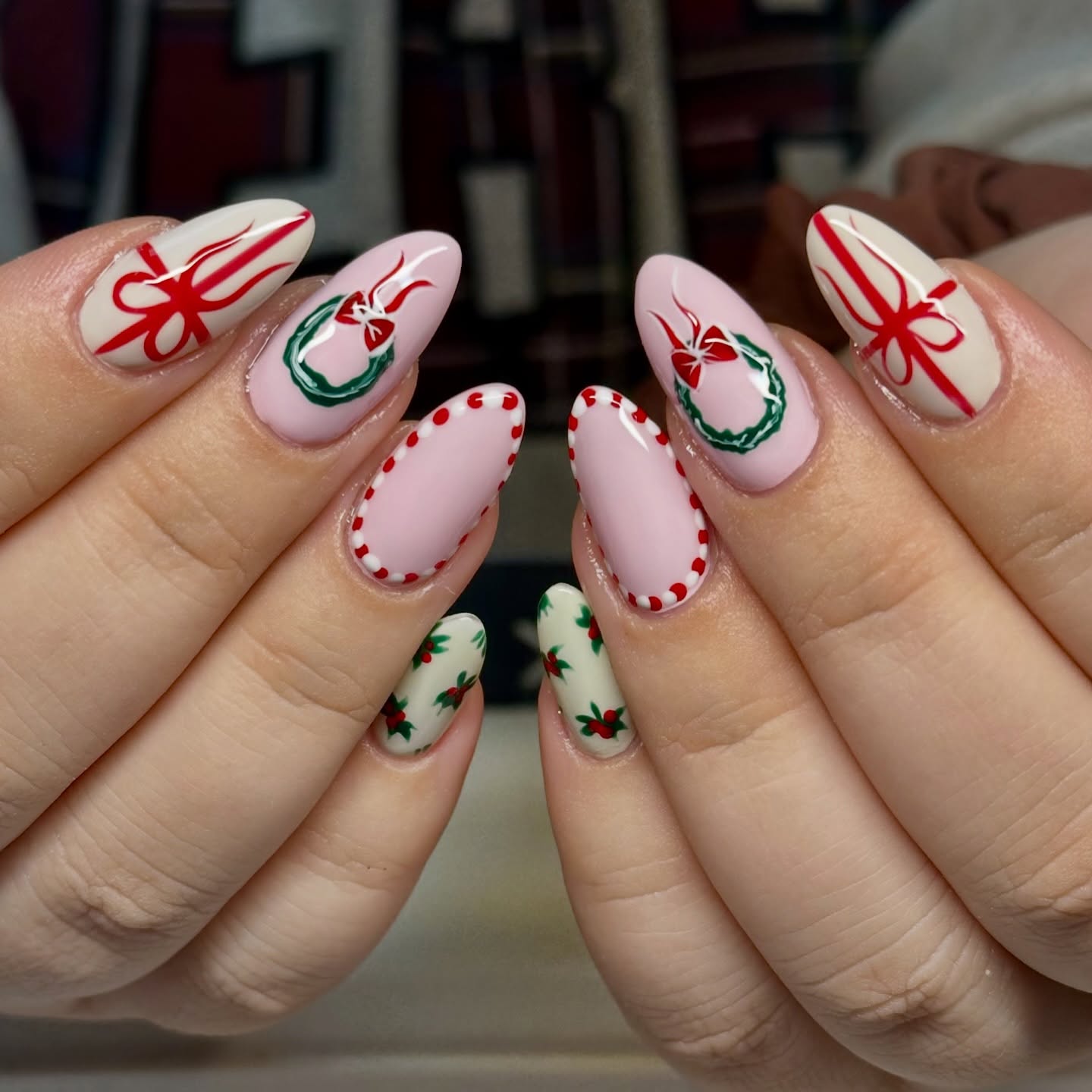 Festive Christmas Wreath and Bow Almond Nails