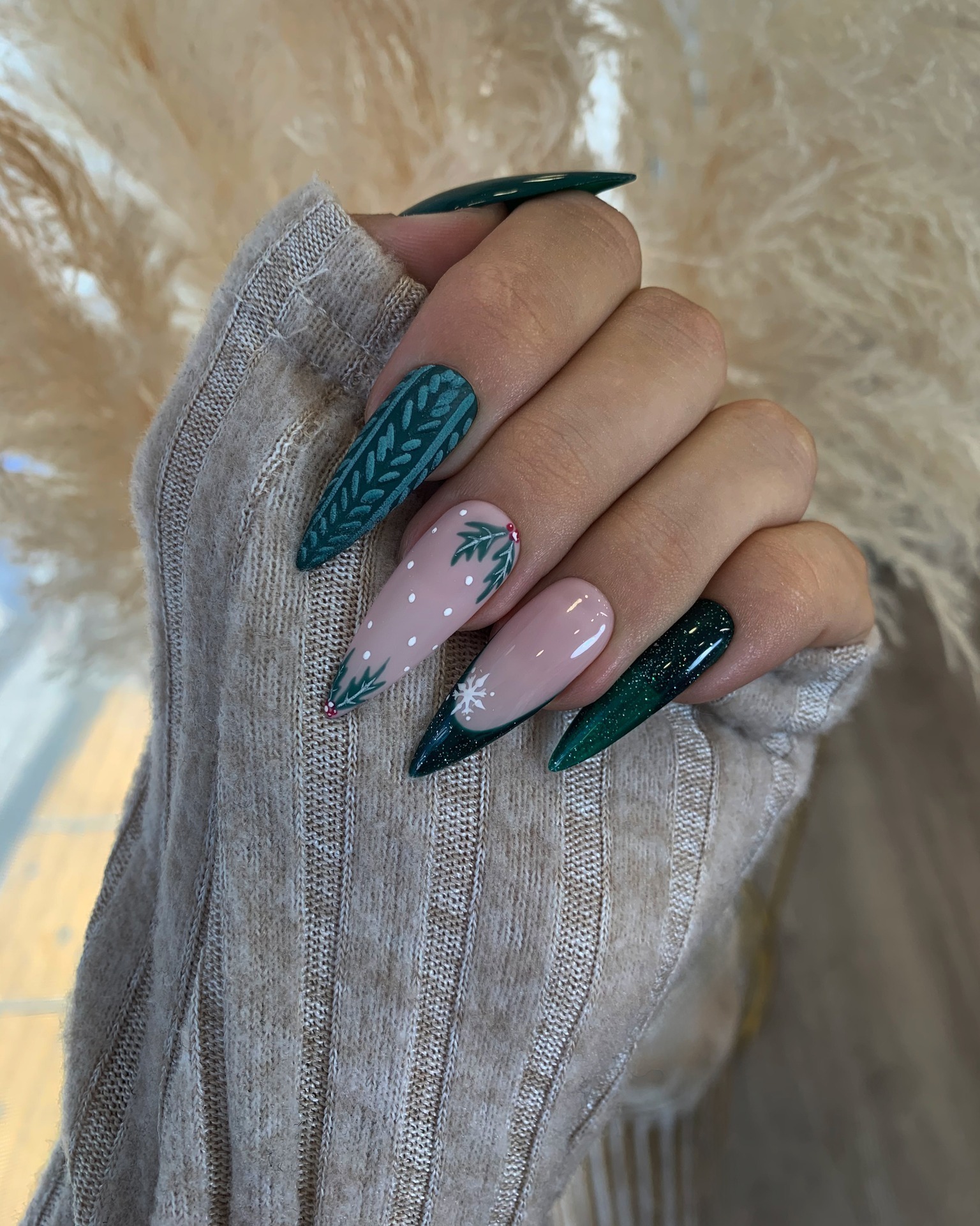 Festive Forest Green Sweater and Snowflake Nails