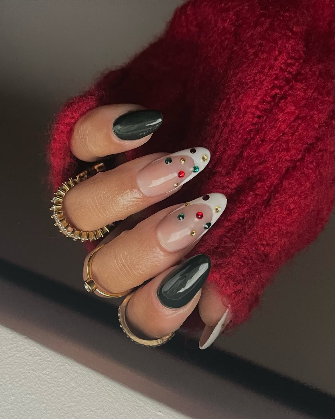Festive French Tips with Rhinestone Accents