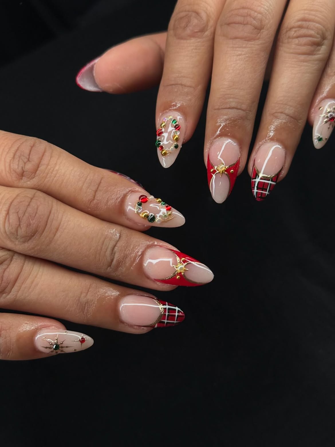 Festive French Tips With Rhinestone Wreaths