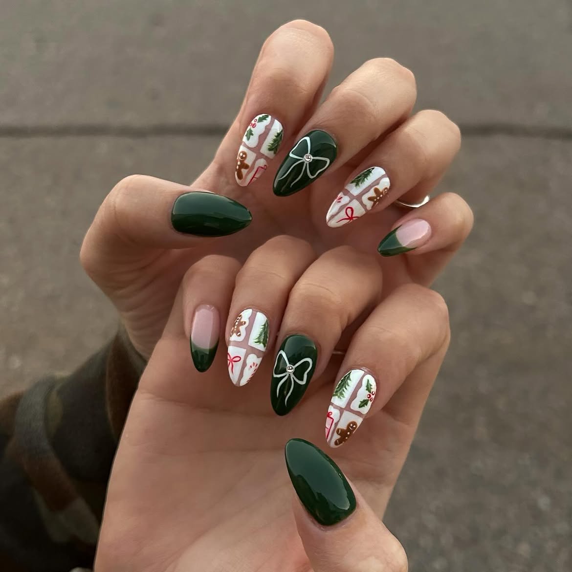 Festive Gingerbread and Bow Christmas Almond Nails