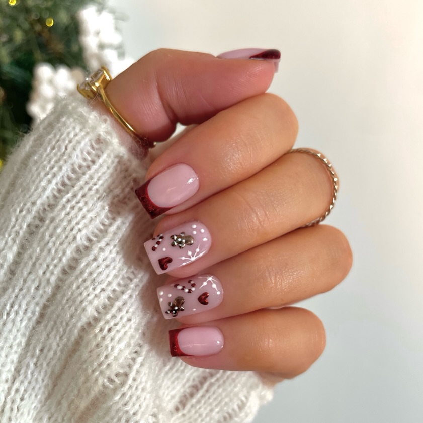Festive Gingerbread French Tip Nails