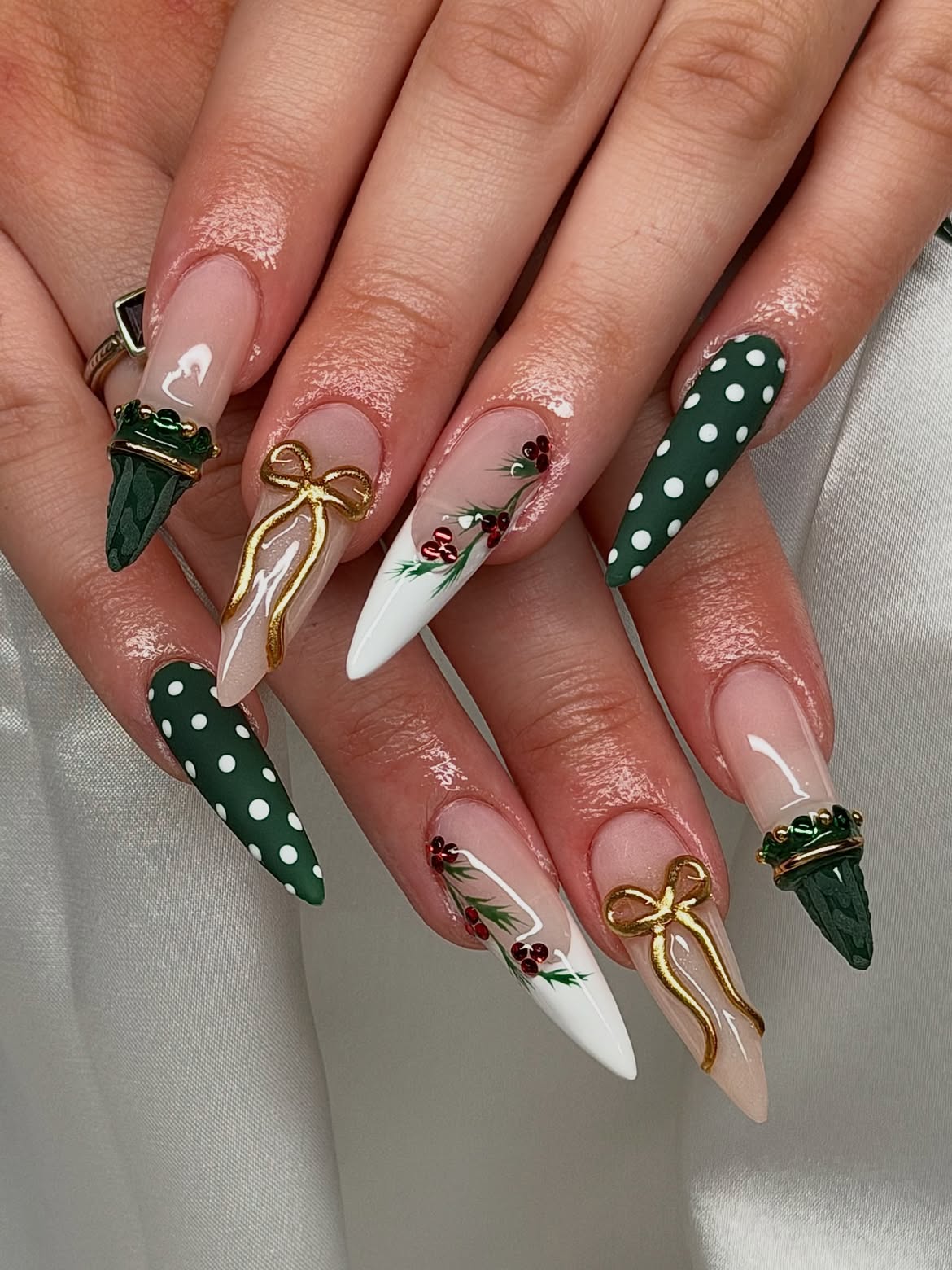 Festive Gold Bows and Holly Christmas Nails