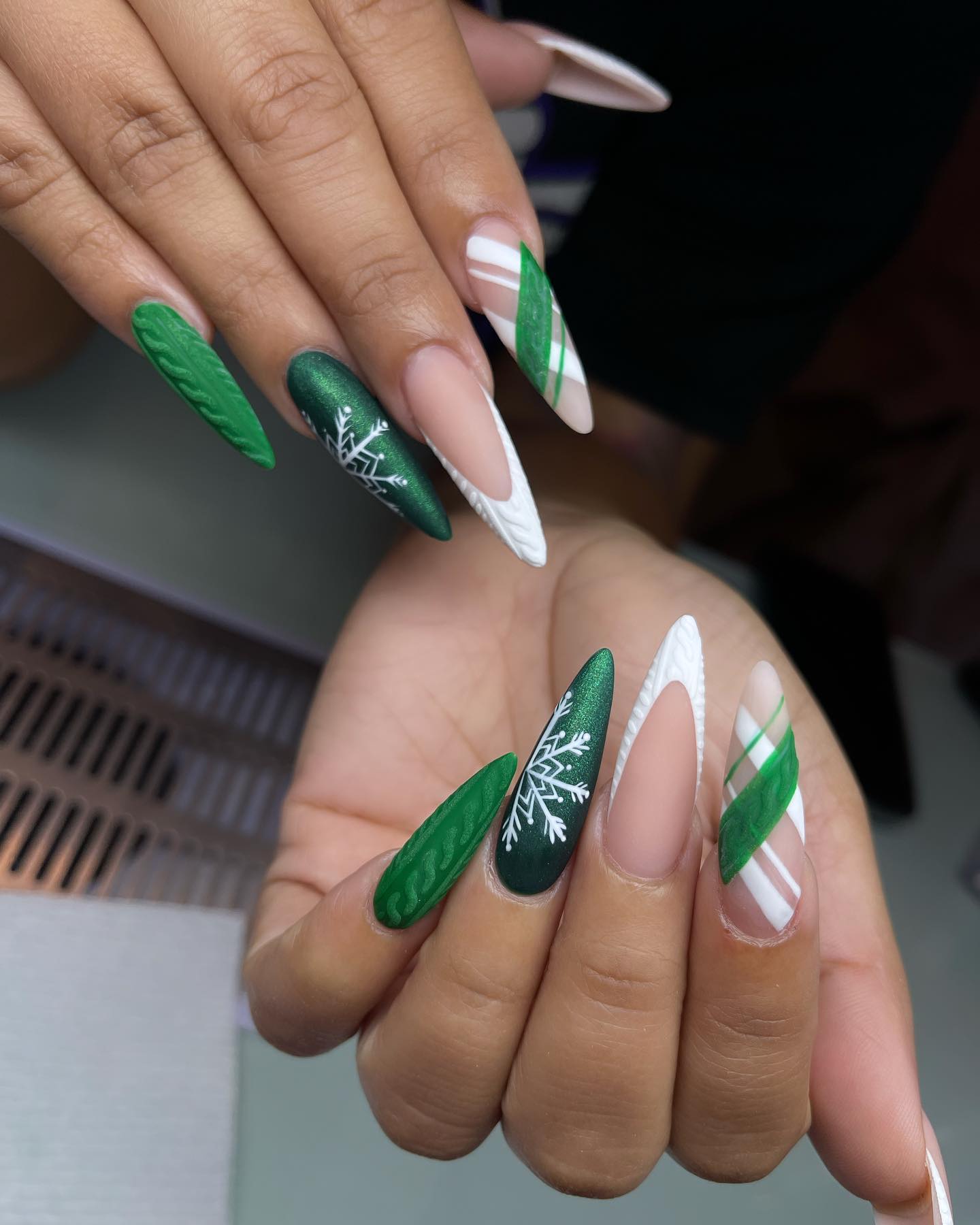 Festive Green Sweater Snowflake Almond Nails