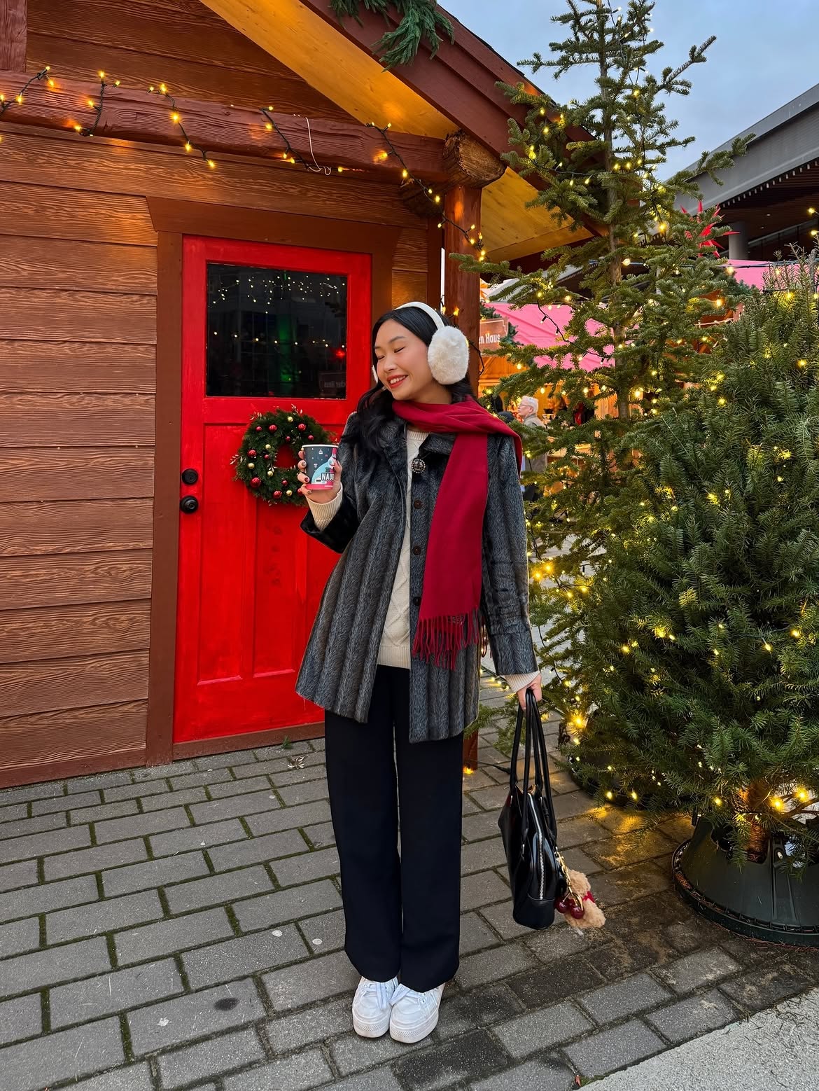 Festive Grey Coat And Red Scarf Winter Look