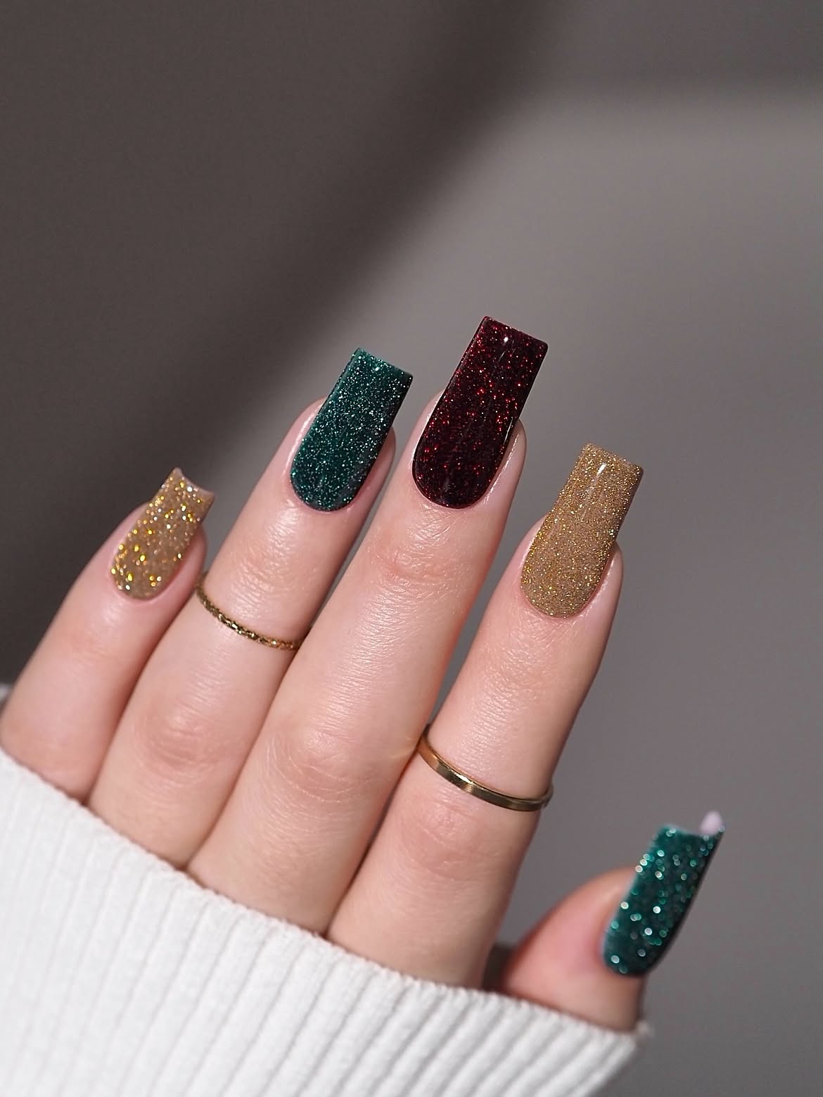 Festive Holiday Glitter Long Square Nails
