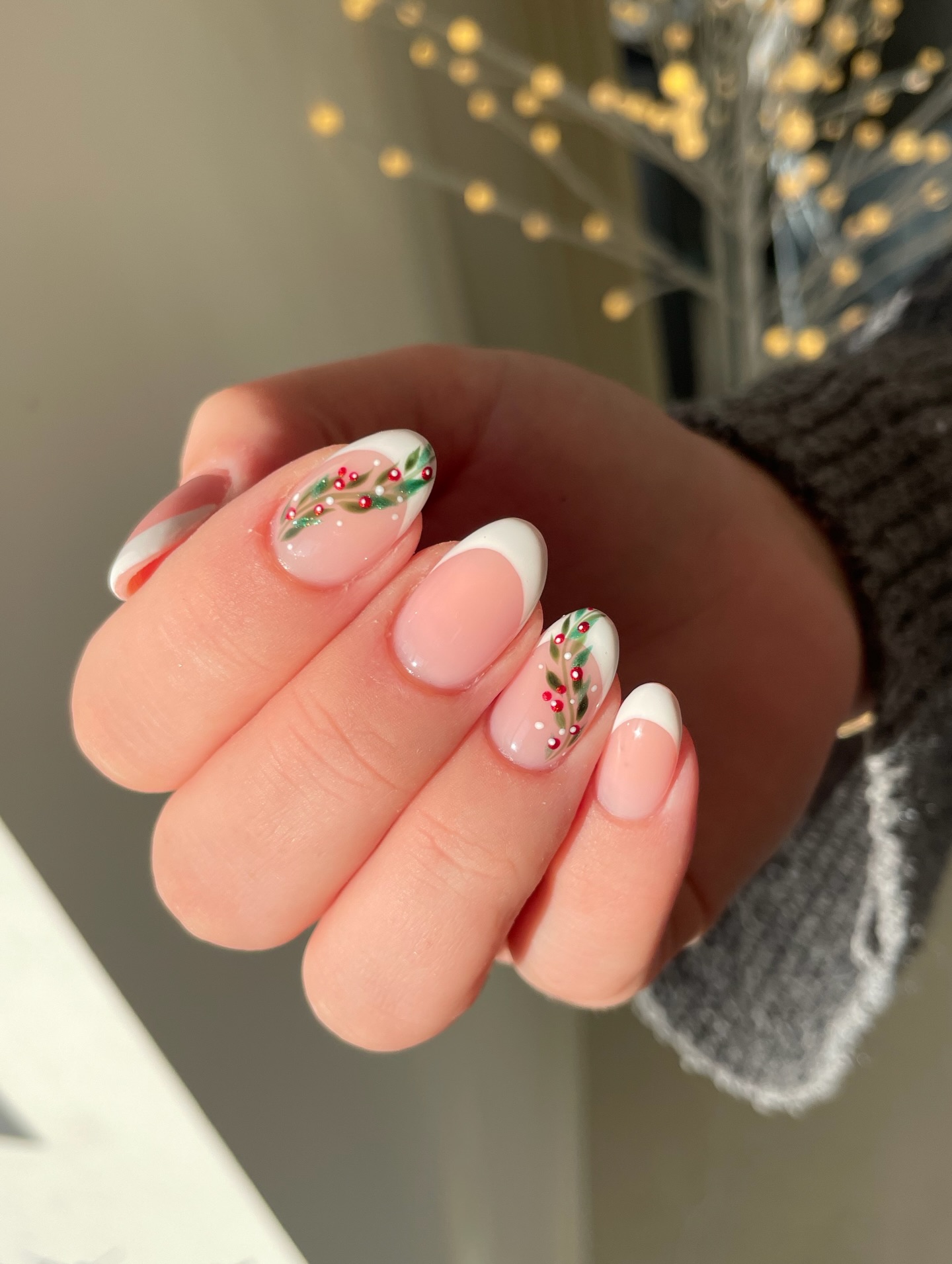 Festive Holly Berry French Tip Almond Nails