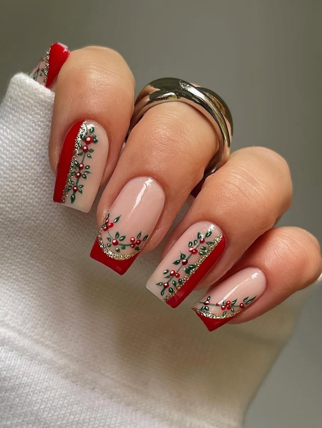Festive Holly Berry French Tip Nails